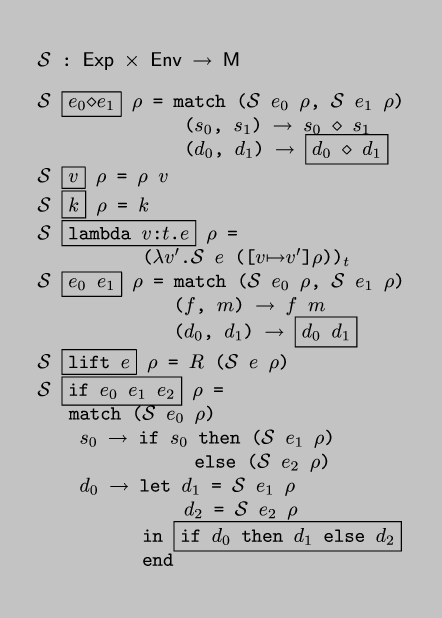 \\begin{code*}$\\cal{}S$ : $\\sf{}Exp$ $\\times$ $\\sf{}Env$ $\\rightarrow$ $\\sf{}M$
\\codeskip
$\\cal{}S$ \\fbox{$e_0$$\\diamond$$e_1$} $\\rho$ = match ($\\cal{}S$ $e_0$ $\\rho$, $\\cal{}S$ $e_1$ $\\rho$)
              ($s_0$, $s_1$) $\\rightarrow$ $s_0$ $\\diamond$ $s_1$
              ($d_0$, $d_1$) $\\rightarrow$ \\fbox{$d_0$ $\\diamond$ $d_1$}
$\\cal{}S$ \\fbox{$v$} $\\rho$ = $\\rho$ $v$
$\\cal{}S$ \\fbox{$k$} $\\rho$ = $k$
$\\cal{}S$ \\fbox{lambda $v$:$t$.$e$} $\\rho$ =
          ($\\lambda$$v'$.$\\cal{}S$ $e$ ([$v$$\\mapsto$$v'$]$\\rho$))${}_t$
$\\cal{}S$ \\fbox{$e_0$ $e_1$} $\\rho$ = match ($\\cal{}S$ $e_0$ $\\rho$, $\\cal{}S$ $e_1$ $\\rho$)
             ($f$, $m$) $\\rightarrow$ $f$ $m$
             ($d_0$, $d_1$) $\\rightarrow$ \\fbox{$d_0$ $d_1$}
$\\cal{}S$ \\fbox{lift $e$} $\\rho$ = $R$ ($\\cal{}S$ $e$ $\\rho$)
$\\cal{}S$ \\fbox{if $e_0$ $e_1$ $e_2$} $\\rho$ = 
   match ($\\cal{}S$ $e_0$ $\\rho$)
    $s_0$ $\\rightarrow$ if $s_0$ then ($\\cal{}S$ $e_1$ $\\rho$)
               else ($\\cal{}S$ $e_2$ $\\rho$)
    $d_0$ $\\rightarrow$ let $d_1$ = $\\cal{}S$ $e_1$ $\\rho$
              $d_2$ = $\\cal{}S$ $e_2$ $\\rho$
          in \\fbox{if $d_0$ then $d_1$ else $d_2$}
          end
\\end{code*}