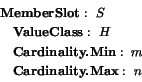 \begin{displaymath}
\begin{array}{l}
\textbf{MemberSlot}:~S \\
~~~\textbf{Va...
...inality.Min}:~m\\
~~~\textbf{Cardinality.Max}:~n
\end{array}\end{displaymath}