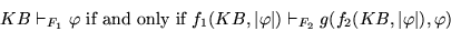 \begin{displaymath}
KB \vdash_{F_1} \varphi \mbox{ if and only if }
f_1(KB,\vert\varphi\vert) \vdash_{F_2} g(f_2(KB,\vert\varphi\vert),\varphi)
\end{displaymath}