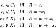 \begin{eqnarray*}
c_i \in C_1 & \mbox{iff} & R \models c_i \\
c_i \not\in C_1 &...
...x_i \not\in X_1 & \mbox{iff} & R \models w \rightarrow \neg x_i
\end{eqnarray*}