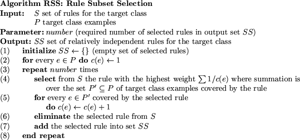 \begin{figure}
{\small
\begin{tabbing}
12345 \= 123\= 123\= 123\= 123\= \kill
{\...
...d rule into set $SS$\\
(8) \> {\bf end repeat} \\
\end{tabbing}}\end{figure}