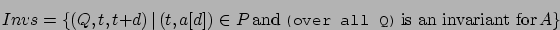 \begin{displaymath}Invs = \{ (Q,t,t+d) \, \vert \, (t,a[d]) \in P \, \mbox{and} ...
...mall {\tt {(over all Q)}}} \, \mbox{is an invariant for} \, A\}\end{displaymath}