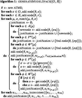 \begin{algorithm}
\begin{footnotesize}
\begin{pseudocode}{generateModelSpace}{\...
...t,n_1\wedge\ldots\wedge n_m);
\end{pseudocode}\end{footnotesize} \end{algorithm}