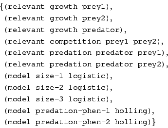 \begin{displaymath}\begin{split}\{&\texttt{(relevant growth prey1)},\\ &\texttt{...
...g)},\\ &\texttt{(model predation-phen-2 holling)}\} \end{split}\end{displaymath}