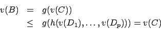 \begin{eqnarray*}
v(B) & = & g(v(C)) \\
& \leq & g(h(v(D_1), \ldots, v(D_p))) = v(C)
\end{eqnarray*}