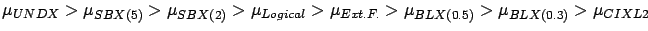 $ \mu_{UNDX} > \mu_{SBX(5)} > \mu_{SBX(2)} > \mu_{Logical} > \mu_{Ext.F.} > \mu_{BLX(0.5)} > \mu_{BLX(0.3)} > \mu_{CIXL2}$