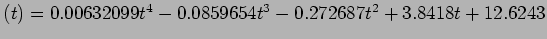 $(t) = 0.00632099t^4 - 0.0859654t^3 - 0.272687t^2 + 3.8418t + 12.6243$