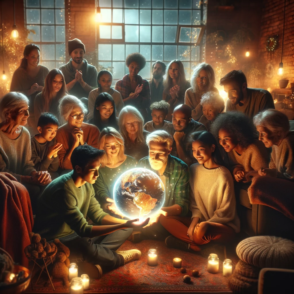 A group of people sitting around a person who is cupping a small globe in their hands, showing the globe to all.