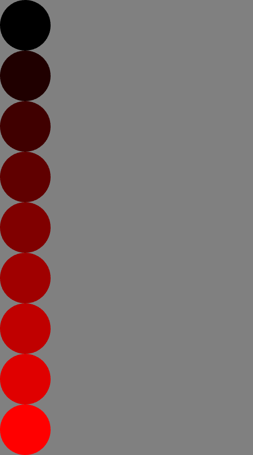 One column of 9 circles going from black to red gradually