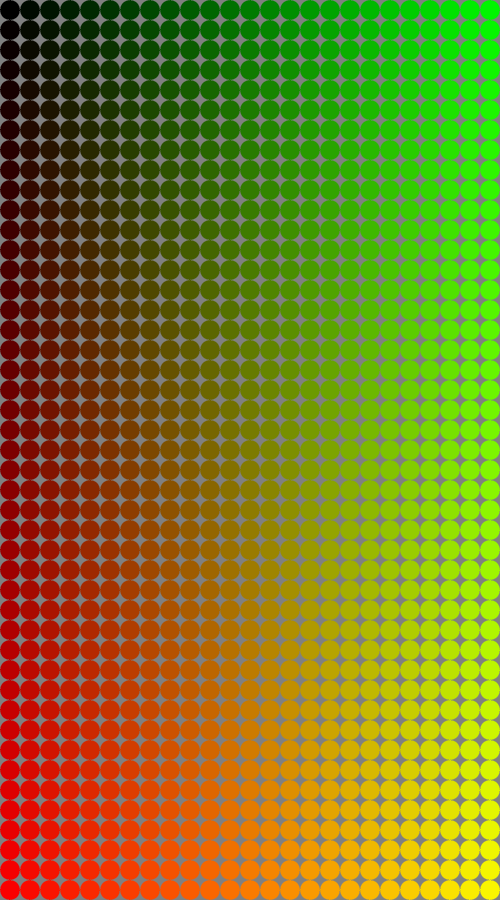 A grid of smaller circles going from black to red gradually downward and black to green gradually to the right