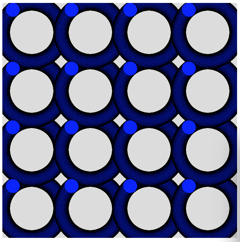 Grid of rotating circles around sixteen locations on the canvas using polar coordinates