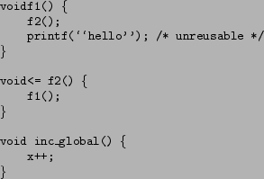 \begin{figure}\texttt{\\
\begin{tabbing}
void\= f1() \{\\
\>f2();\\
\>printf(...
...
\}\\
\\
void inc\_global() \{\\
\>x++;\\
\}\\
\end{tabbing}}\end{figure}