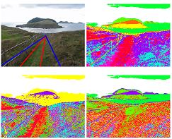 Hypothetical trail triangle region and sample k-means labels for different cues.