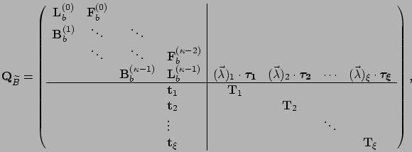 \begin{displaymath}
\mathbf{Q}_{\widetilde B} = \left(\begin{array}{cccl\vert cc...
...thbf{t}_{\xi} & & & &\mathbf{T}_{\xi} \\
\end{array}\right),
\end{displaymath}