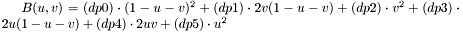 $ B(u, v) = (cp0)\cdot (1-u-v)^2 + (cp1)\cdot 2 v (1-u-v) + (cp2)\cdot v^2 + (cp3)\cdot 2 u (1-u-v) +(cp4)\cdot 2 u v + (cp5)\cdot u^2 $