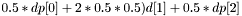 $ B(u, v) = (dp0)\cdot (1-u-v)^2 + (dp1)\cdot 2 v (1-u-v) + (dp2)\cdot v^2 + (dp3)\cdot 2 u (1-u-v) +(dp4)\cdot 2 u v + (dp5)\cdot u^2 $