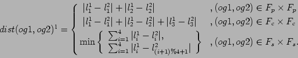 \begin{displaymath}
dist(og1,og2)\footnotemark =
\left\{ \begin{array}{ll} \vs...
...ght\} &, (og1, og2) \in F_{s}\times F_{s}.
\end{array} \right.
\end{displaymath}