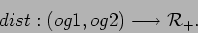 \begin{displaymath}
dist: (og1, og2) \longrightarrow \mathcal{R_{+}}.
\end{displaymath}