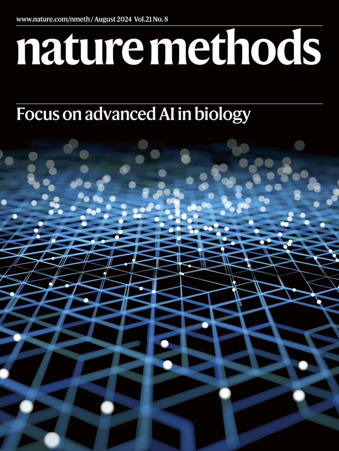  The cover of Nature Methods says Focus on advanced AI in biology against a black background with some blue circuitry imagery at the bottom of the cover.