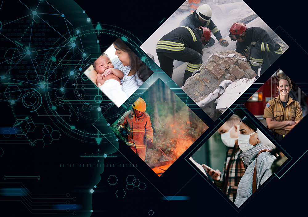 This collaged graphic shows a woman holding a baby, emergency crews removing rubble from a building collapse, a firefighter in action, people in masks and a woman in a public service uniform looking at the camera.