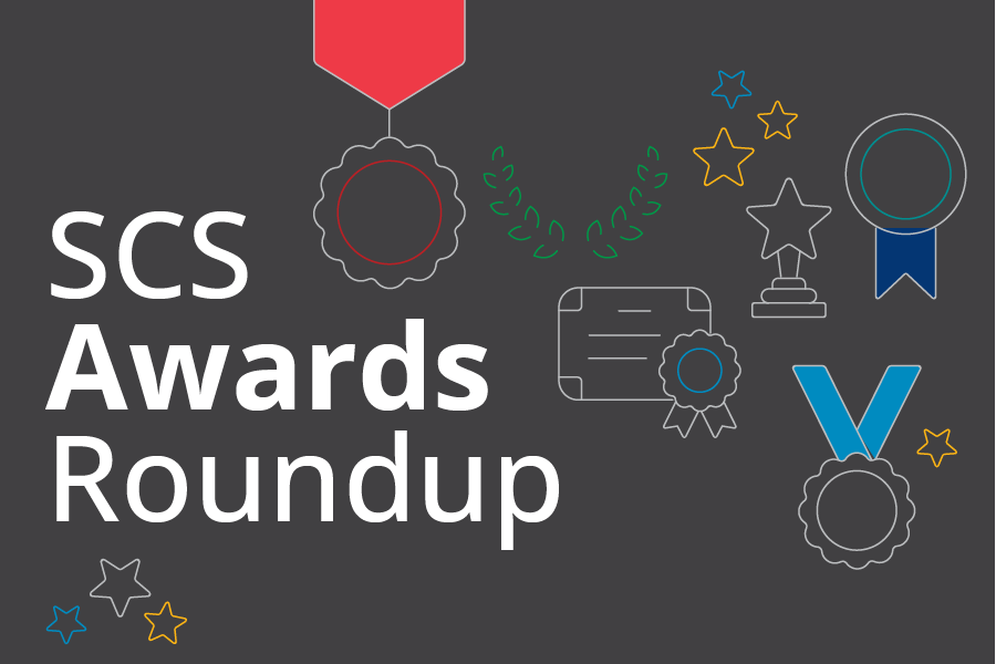 A decorative image to accompany an awards story that says SCS Awards Roundup with graphics of medals and other honors-type items scattered about.