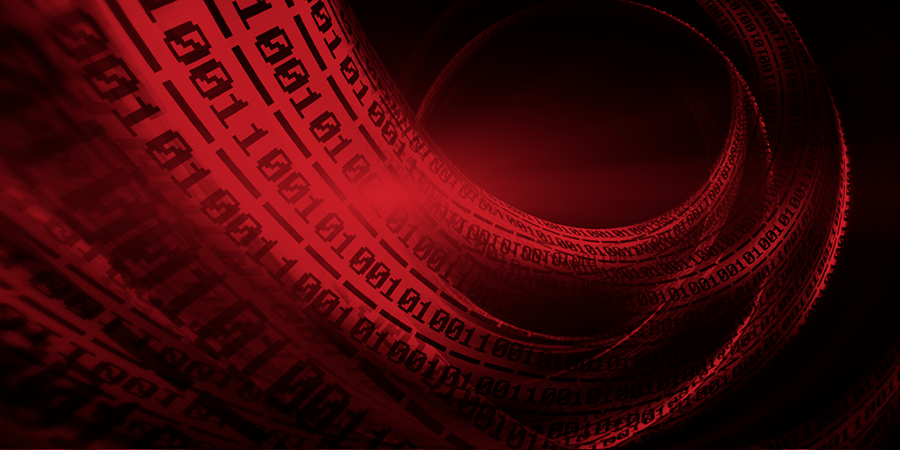 Stock imagery shows zeroes and ones spiraling in black against a red background.