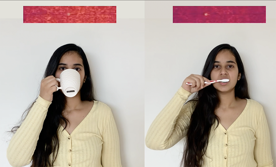 A woman in a cream shirt drinks from a coffee mug on the left, and is shown brushing her teeth on the right.
