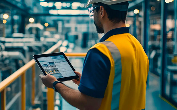  A man in a hard hat and high-viz vest holds a tablet computer in an industrial workplace setting.