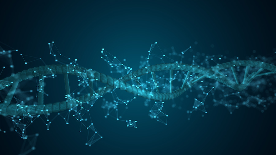  A DNA double helix on its side, depicted in blue against a black background.