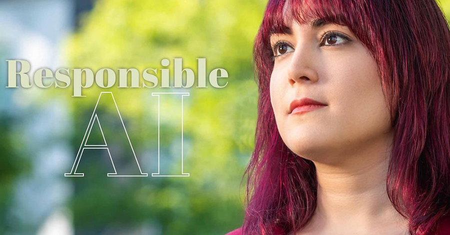 A portrait of Hoda Heidari with the words Responsible AI to the left of her face.