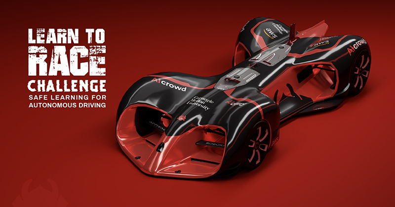 A sleek black and red racecar on a red background with the words "Learn To Race Challenge: Safe Learning for Autonomous Driving" 