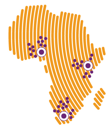  An orange rendering of Africa with spots in purple where SCS has a presence.