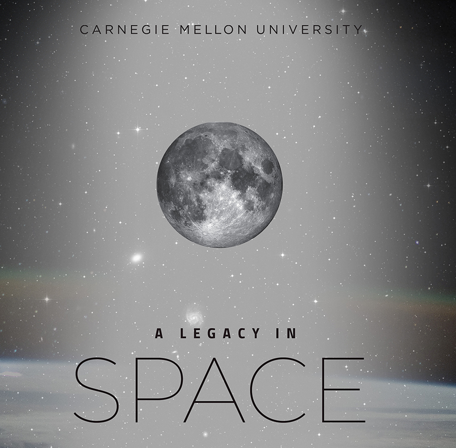 The cover of the current issue of The Link magazine shows the moon in the center with stars and black sky around it and the words Carnegie Mellon University: A Legacy in Space.