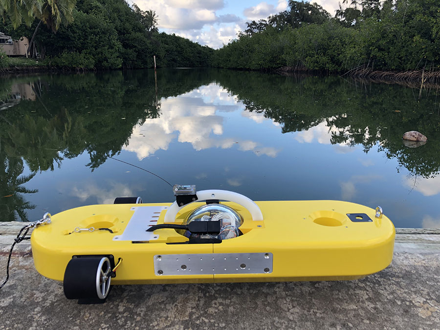  A flat, yellow robot that resembles a large skateboard sits in front of a lake surrounded by trees.