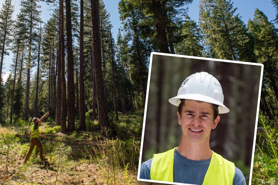  A man in a yellow visibility vest points toward the sky among a background of tall trees. A portrait of Merritt Jenkins is inset in the bottom right corner.