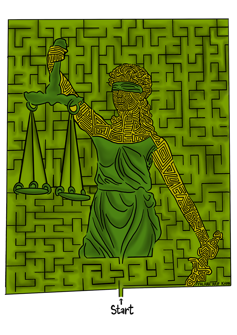 An illustration of Lady Justice, with blindfold and scales, surrounded by a maze on a green background.