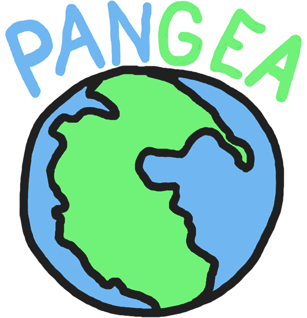  A seemingly hand-drawn image of the earth with the word Pangea above it in shades of blue and green.