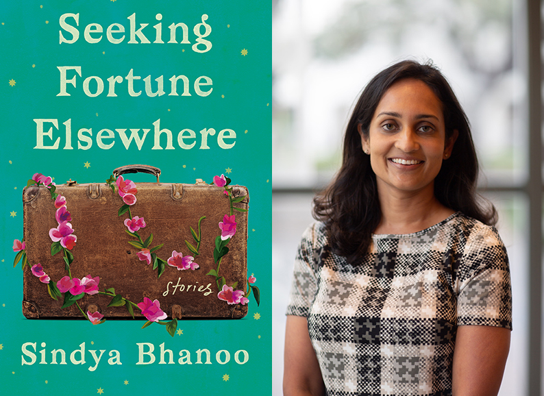 The cover of Seeking Fortune Elsewhere shows a suitcase draped with flowers against a green background. The author's portrait is also included in this image.