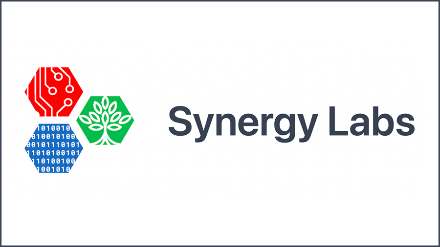 The logo for Synergy Labs, which includes the lab's name as well as three hexagons. One is red with illustrated sensors in it, another is green with a tree outline in white, and the final one is blue with white ones and zeros.