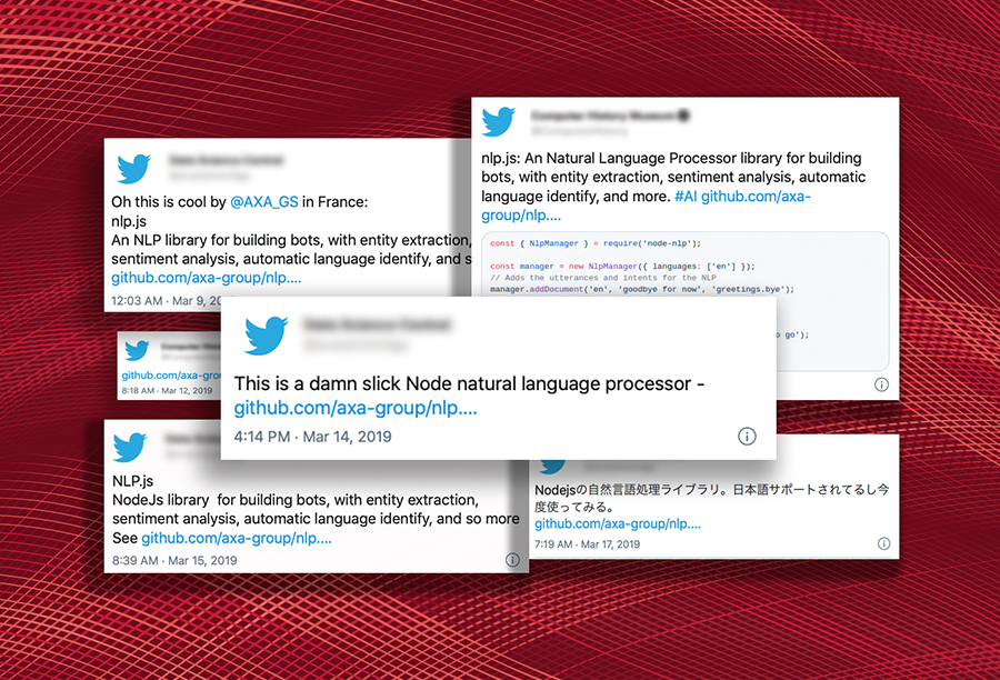 A cluster of six tweets praising various open-source products is collaged against a red background.
