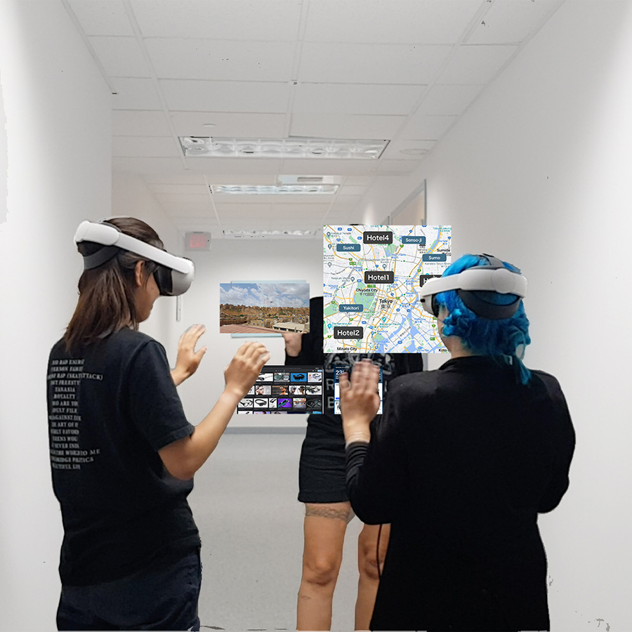Two people in virtual reality headsets interact with maps in and travel information while standing in a square, white room.