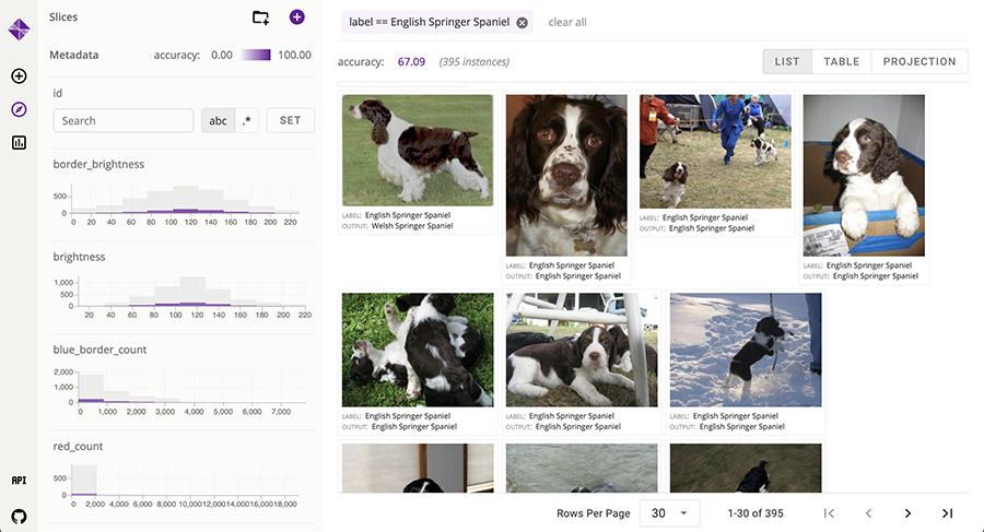 A depiction of the Zeno user interface, which shows images of springer spaniels in varying positions and attitudes on the right, and metadata about those images on the left.