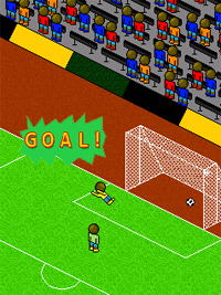 Image that appears when a student answers a question correctly on the literacy cell phone game. The student makes the penalty kick and scores a goal.