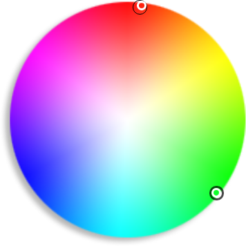 Two random colors highlighted on a color wheel