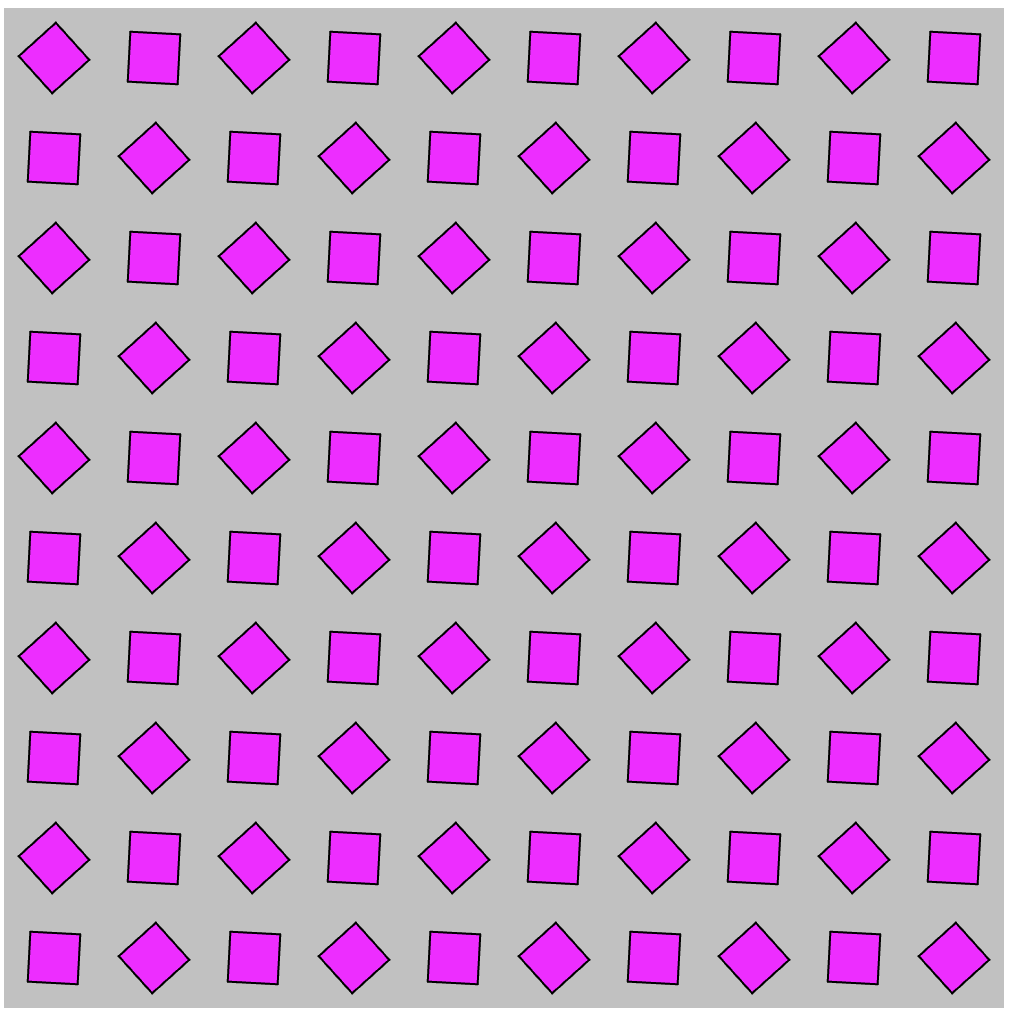 grid of 100 magenta squares, 10 by 10, with alternating rotations of 0 and 45 degree