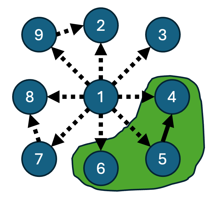 A graph on \(9\) vertices with one high-degree central vertex, and three side vertices marked by a blob. The one edge within the blob is solid, while all other edges are dashed.