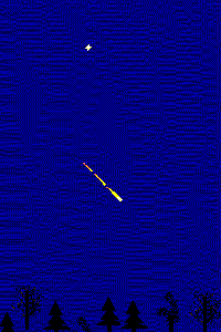 This is my sketch of a meteor which broke into three segments on 1999/7/7 in Schenley Park, Pittsburgh at 21:20 EDT.  It is only 3 hours earlier than a violent New Zealand meteor explosion.  A coincidence? The bright star above is Venus. 